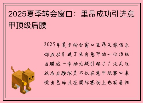 2025夏季转会窗口：里昂成功引进意甲顶级后腰